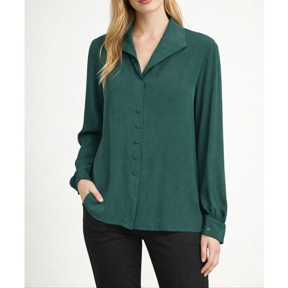 Vintage Silk Land Button-up Blouse - Size Small - Deep Sea Green - 100% Silk